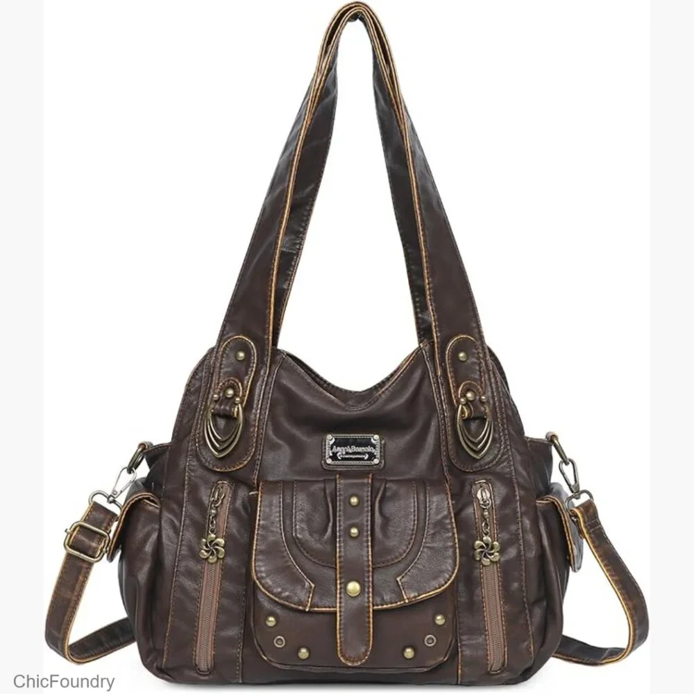 Faux Leather Hobo Bag with Adjustable Strap, 10x10x4.5 Inches, 5 Pockets
